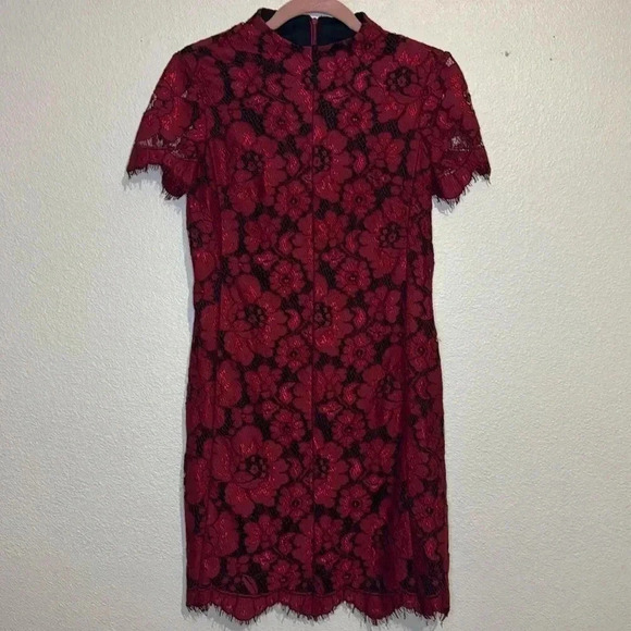 Betsey Johnson Red Mock-Neck Floral Lace Sheath Dress - Picture 2 of 6